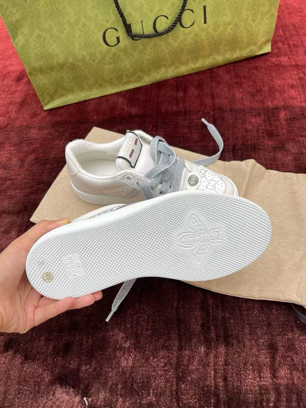 GG Screener Trainer Sneakers White Light Grey Cowhide Frabic 502168