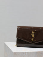 uptown chain wallet 19cm dark brown patent calfskin