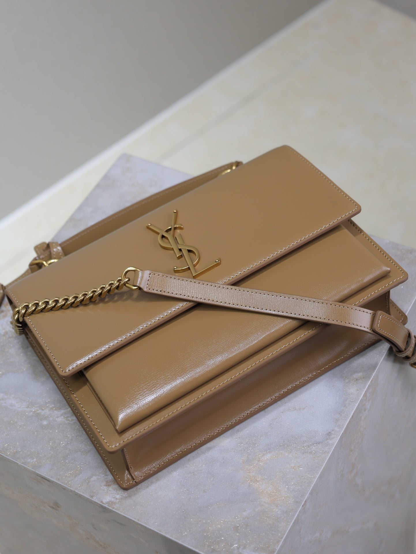 YSL Sunset Handbags 25cm Brown Cowhide