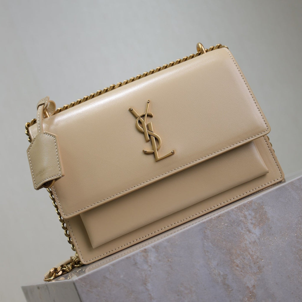 YSL Medium Sunset Shoulder Bag 22cm Beige Cowhide GHW