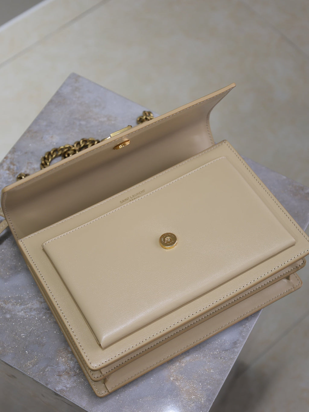 YSL Medium Sunset Shoulder Bag 22cm Beige Cowhide GHW