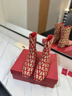 Valentino Garavani VLogo Tall Monogram Ankle Boots 30mm In Beige Mix Red Canvas Fabric 992802