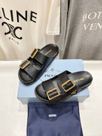 PRA STRAP SLIDES SANDALS BLACK CALFSKIN