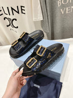 PRA CROCODILE MOTIF STRAP SLIDES SANDALS BLACK AND LAPIS CALFSKIN