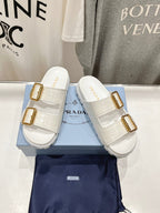 PRA CROCODILE MOTIF STRAP SLIDES SANDALS WHITE CALFSKIN