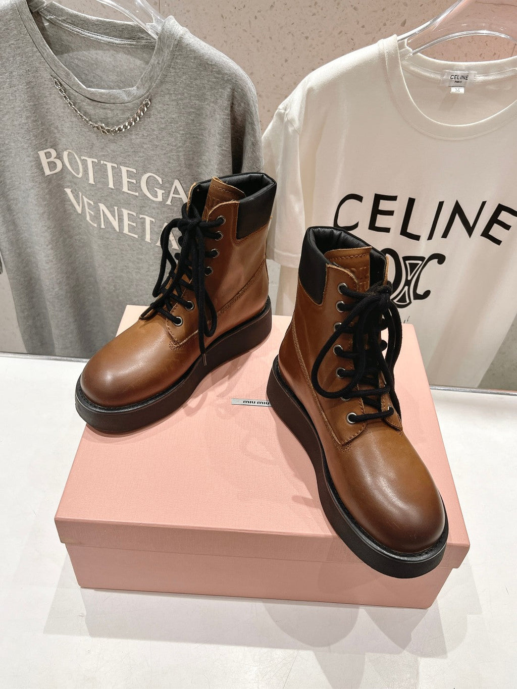 Miu Lace-Up Boots   Brown Waxed Calfskin