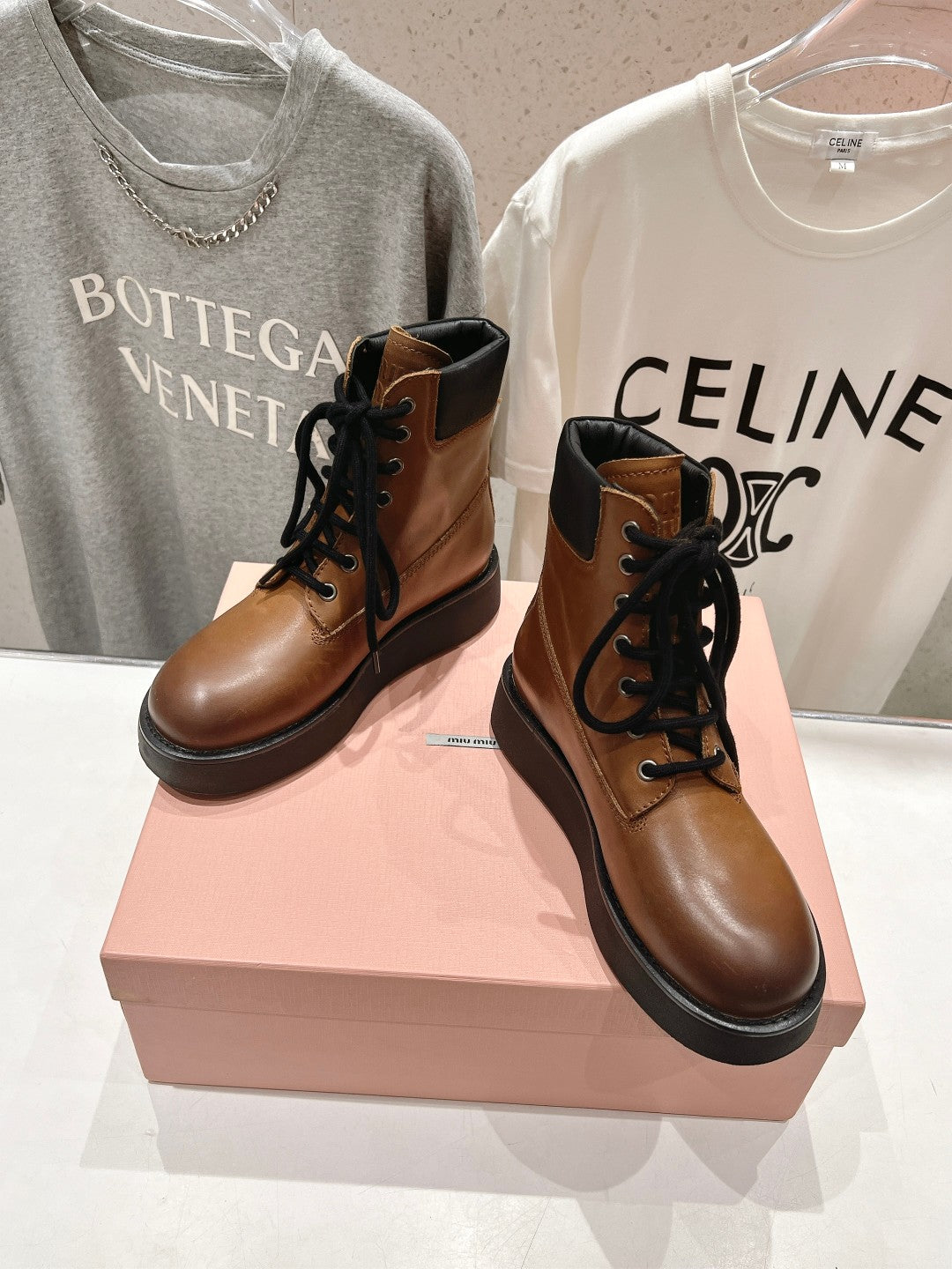 Miu Lace-Up Boots   Brown Waxed Calfskin