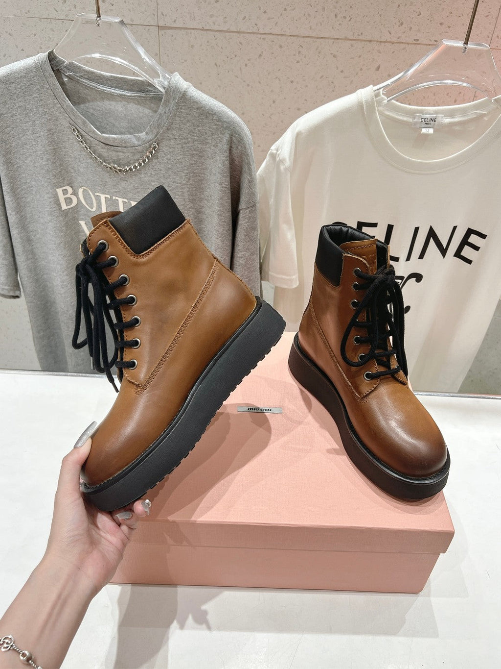 Miu Lace-Up Boots   Brown Waxed Calfskin