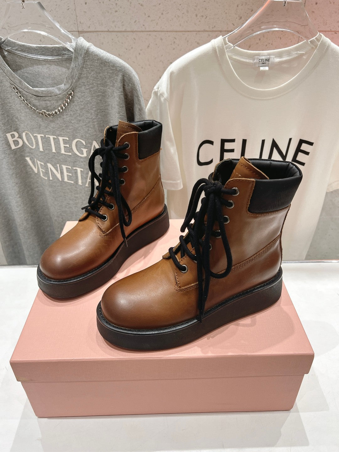 Miu Lace-Up Boots   Brown Waxed Calfskin