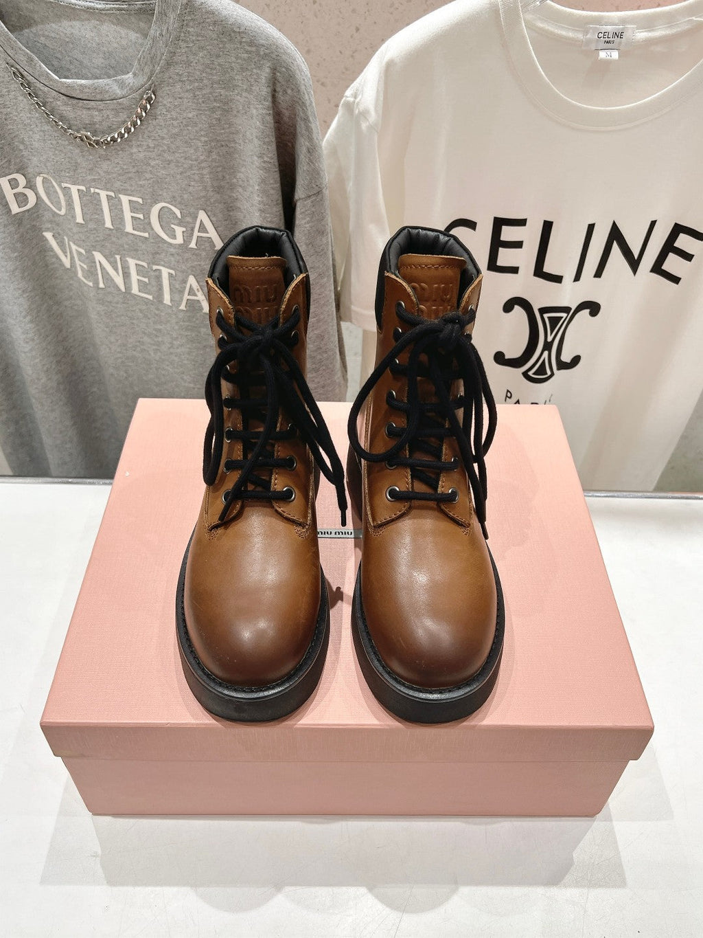 Miu Lace-Up Boots   Brown Waxed Calfskin