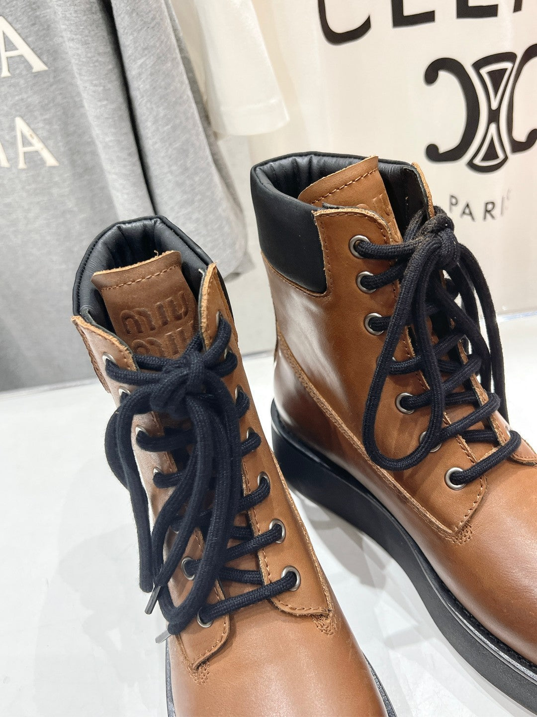 Miu Lace-Up Boots   Brown Waxed Calfskin