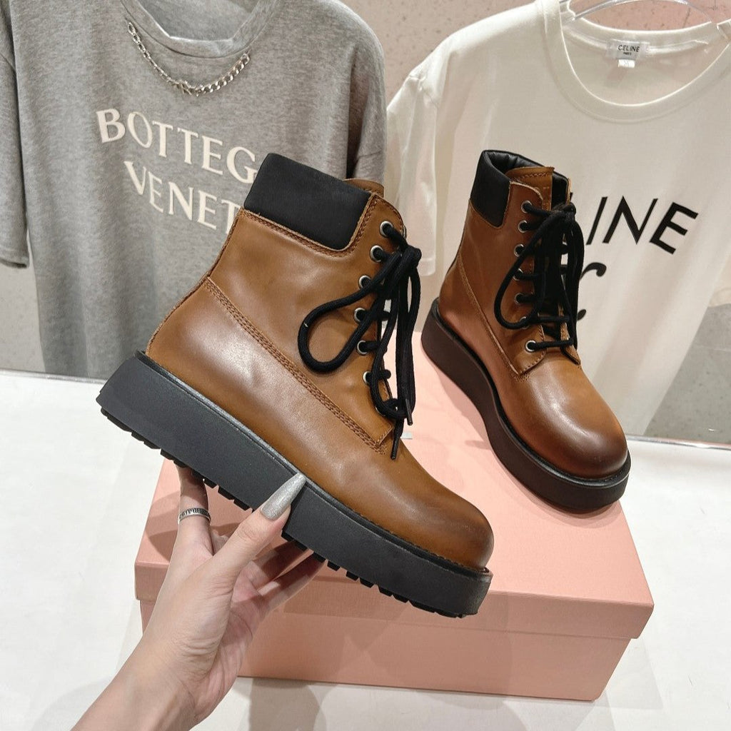 Miu Lace-Up Boots   Brown Waxed Calfskin