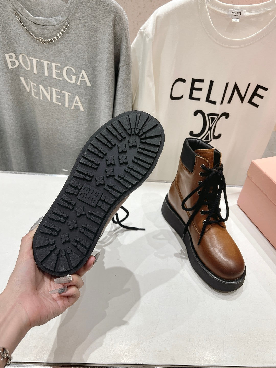 Miu Lace-Up Boots   Brown Waxed Calfskin