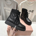 Miu Lace-Up Boots Black Waxed Calfskin