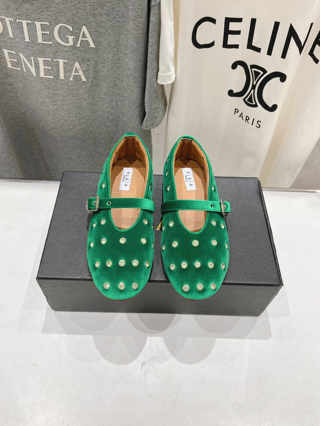 Alaila Ballet Flats In Green Velvet With Rhinestones 972004