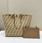 FENDI ROLL 33 TOTE BAG IN PEANUT BROWN MIX WHITE CANVAS