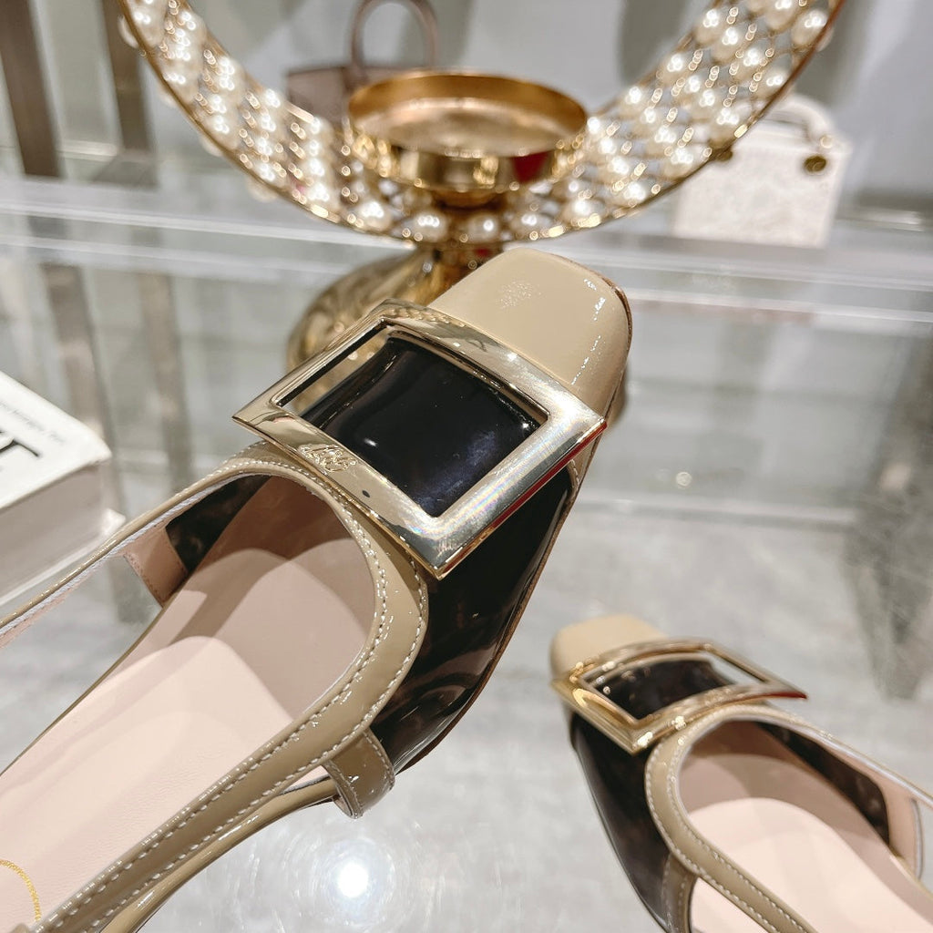 Belle Viv Metal Buckle Slingback Pumps 45 Camel Patent Leather