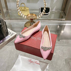 Viv 25 Crystal Diamond Buckle Flats Pink Silk Satin 235395