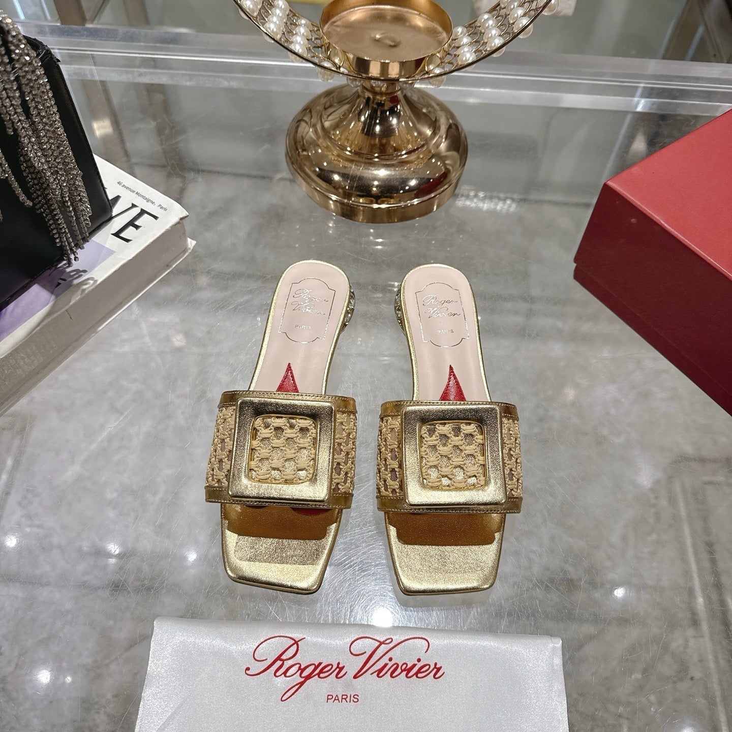 Viv 25 Hollow Square Buckle Slippers Gold Weaving Leather 263001