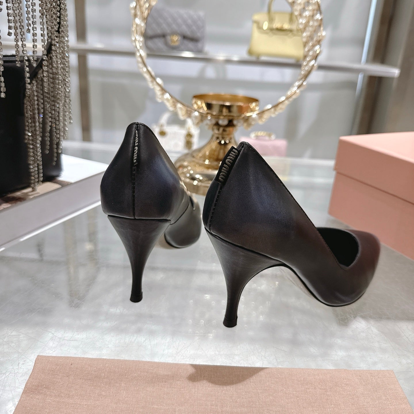 Miu High Heel Pumps Black Sheepskin 592078