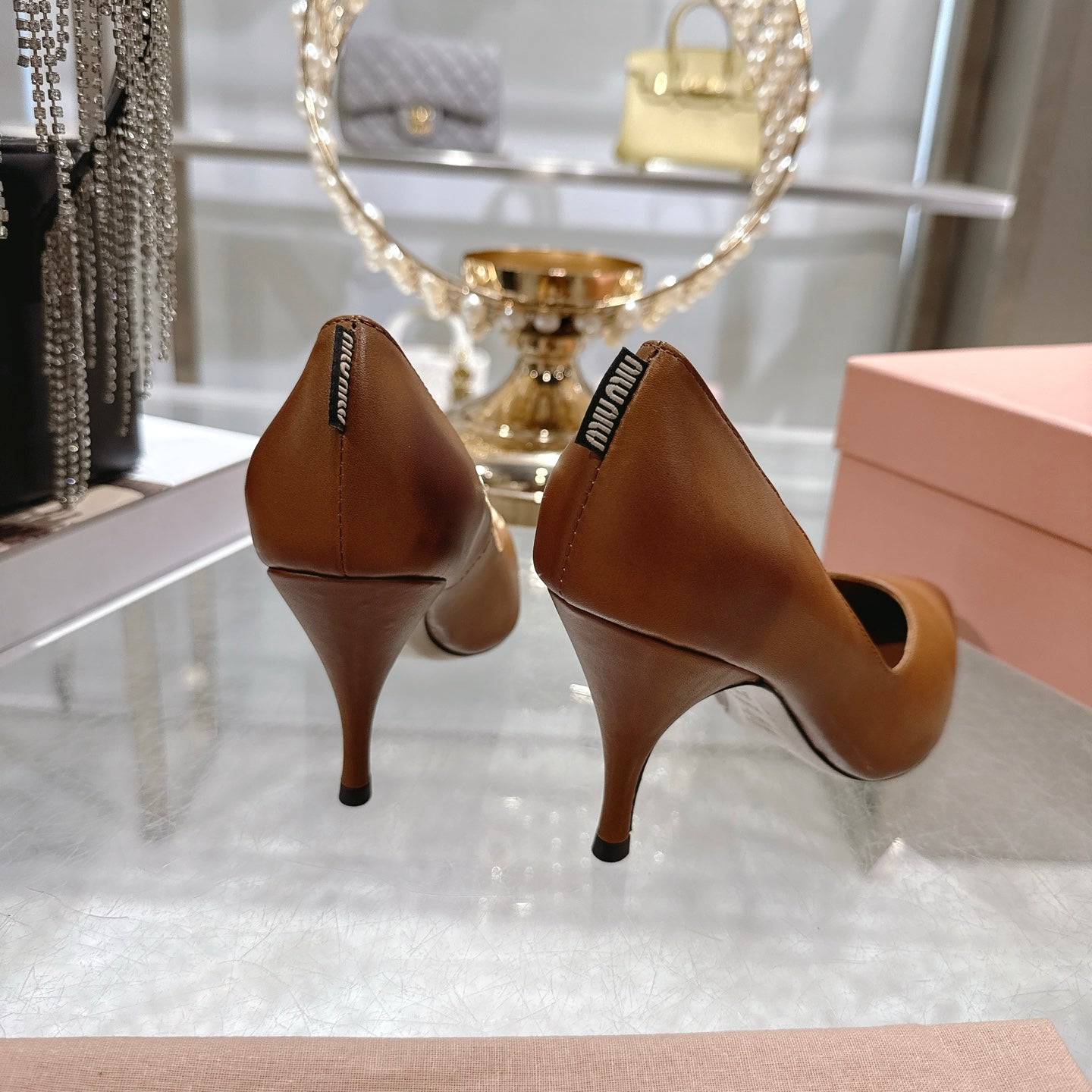 Miu High Heel Pumps Camel Brown Sheepskin 592079