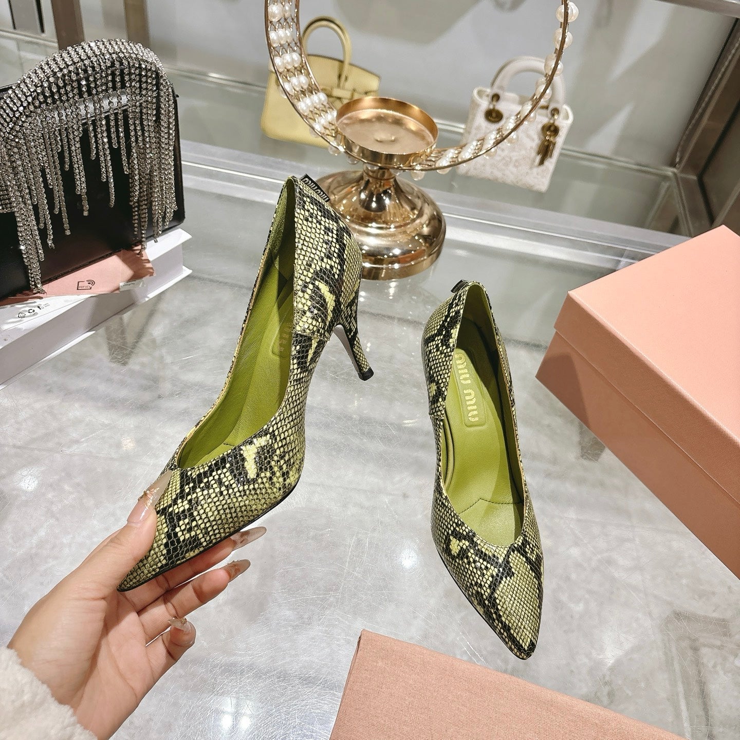 Miu High Heel Pumps Green Black Snakeskin 592073