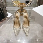 CD 26 Slingback Metallic Floral Embroidery 85mm Ivory Gold Tweed 592232
