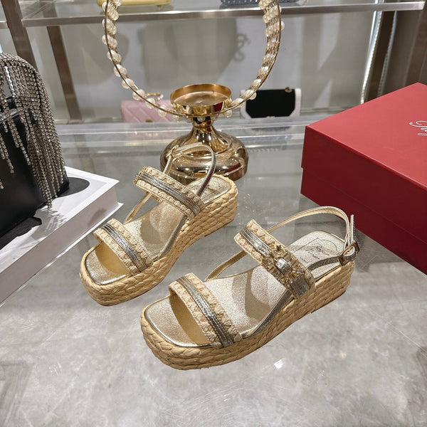 Roger Vivier Wedge Sandals 6cm Sliver Beige Lambskin Raffia 679797