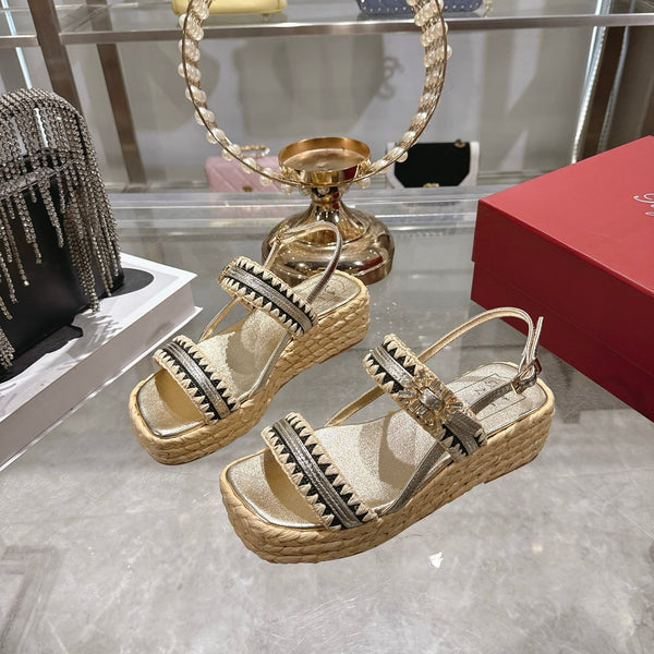Roger Vivier Wedge Sandals 6cm Gold Black Lambskin Raffia 679798