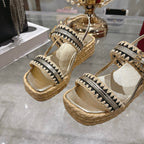 Roger Vivier Wedge Sandals 6cm Gold Black Lambskin Raffia 679798