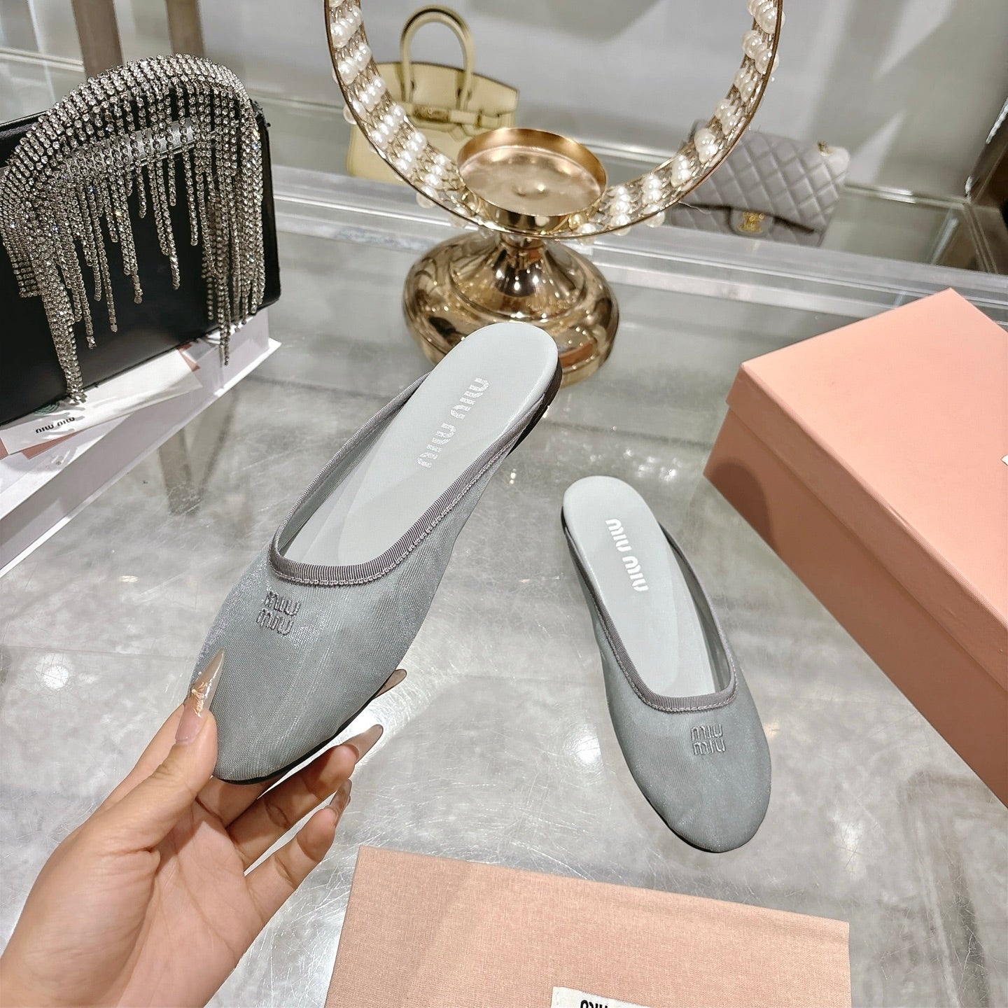 Miu Miu 26s Slippers Grey Mesh 679836