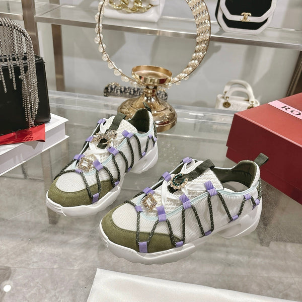 Roger Vivier Zag Sneakers White Olive Lace Suede 679799
