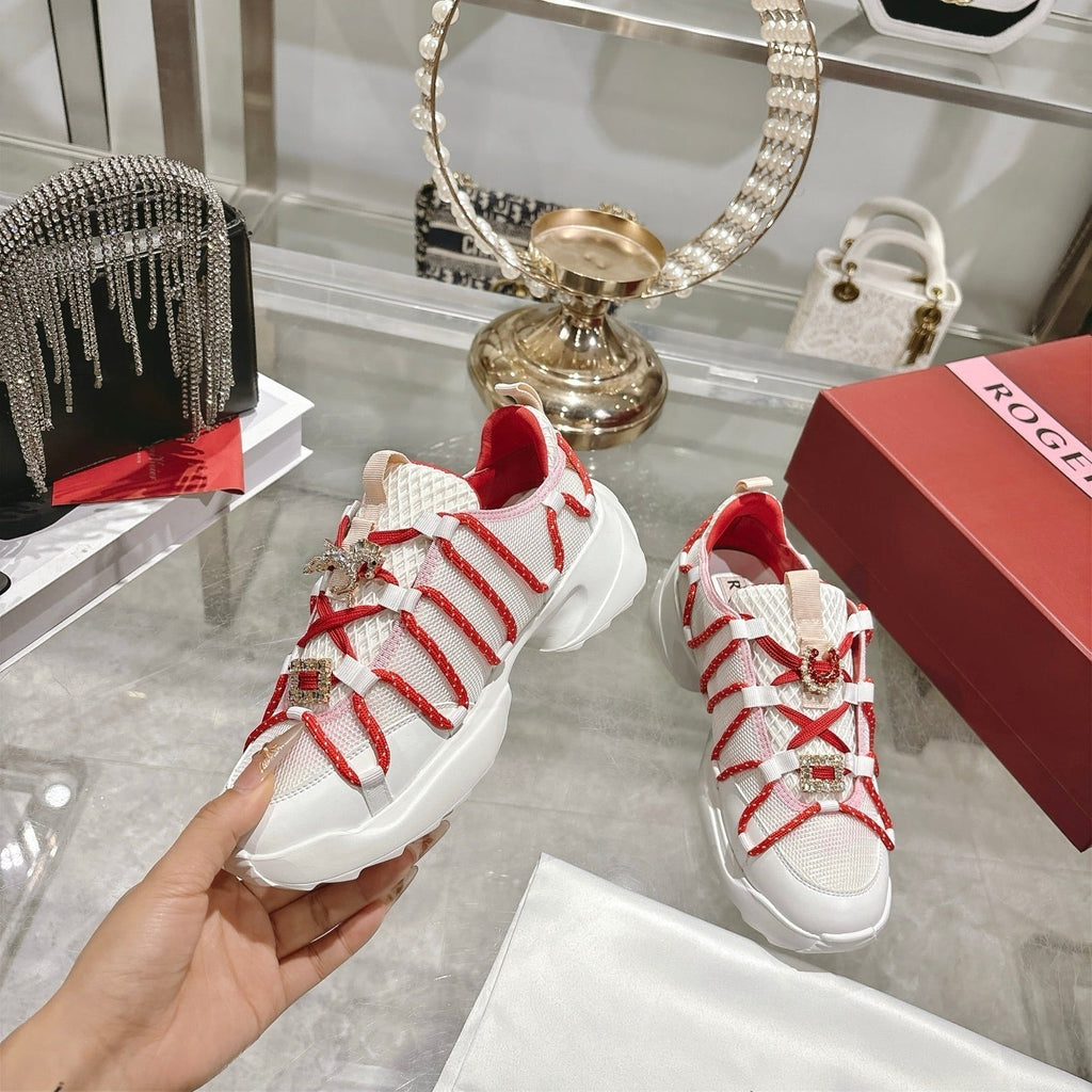 Roger Vivier Zag Sneakers White Red Lace Lambskin 679800