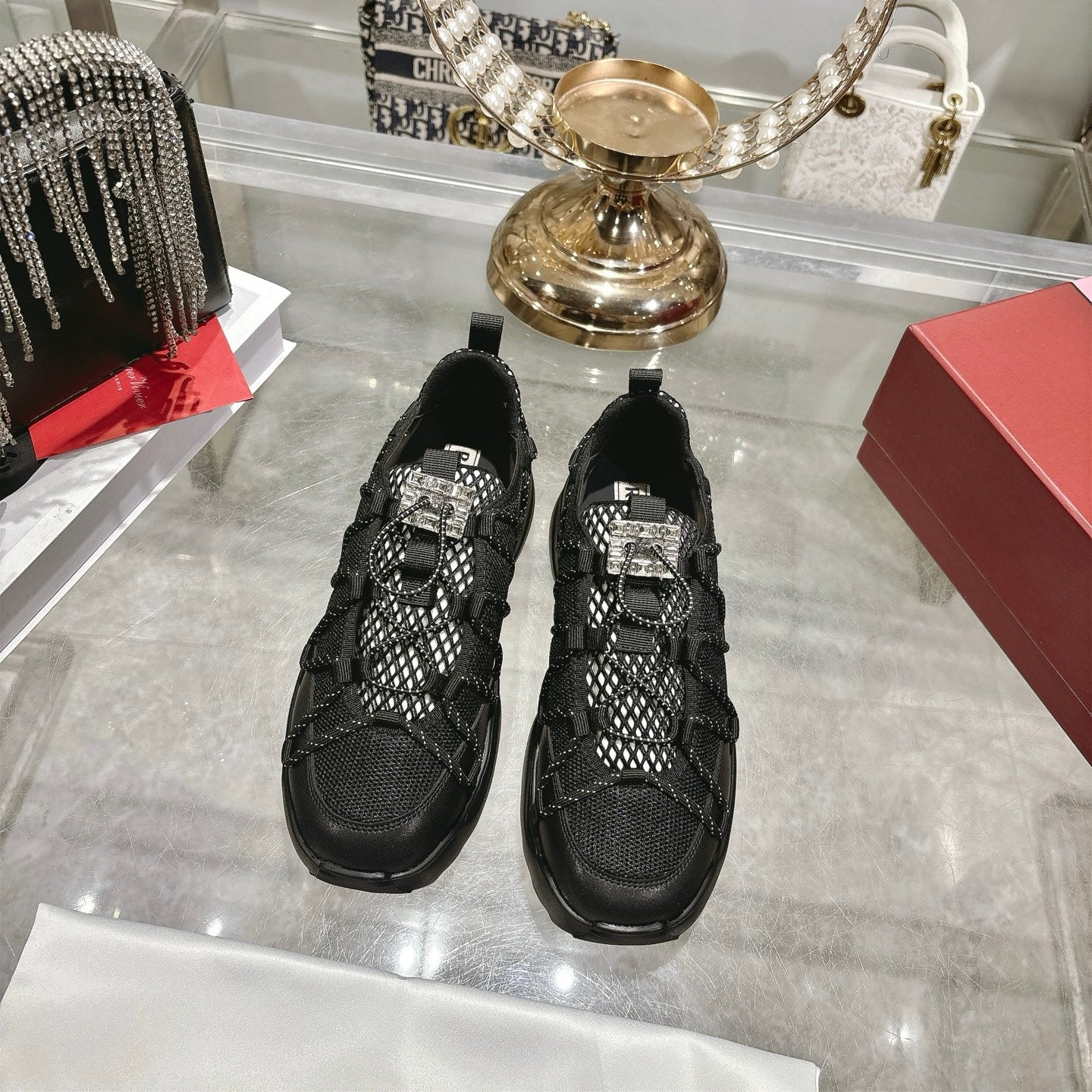 Roger Vivier Zag Sneakers Black Lace Lambskin 679803