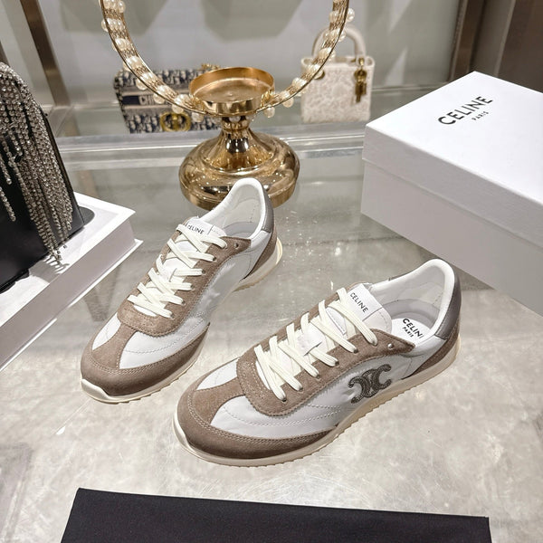 Celine Racer Sneaker Dark Khahi White Suede Fabric 679821