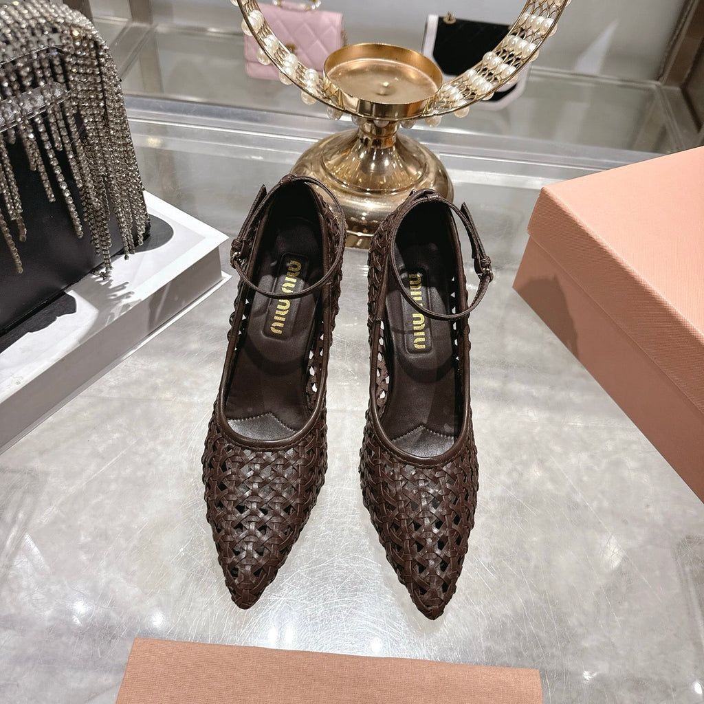 Miu 26s Strappy Pumps 7.5cm Chocolate Sheepskin 679776