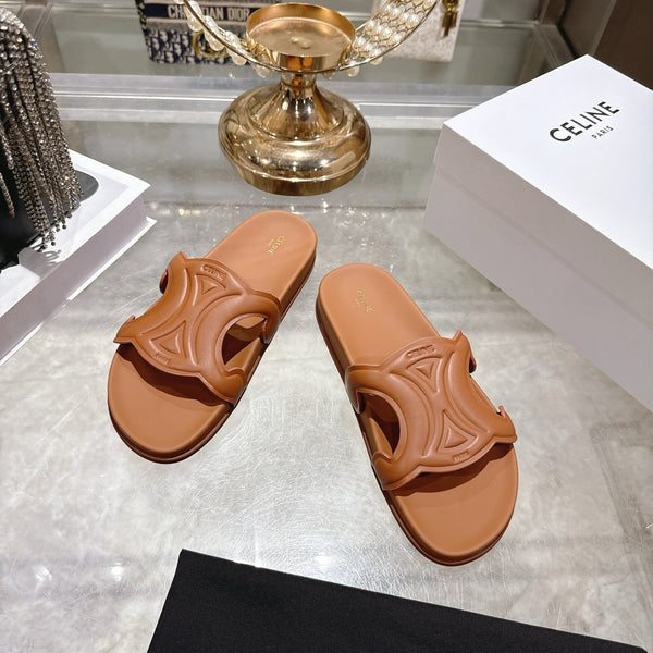 Celine 26s Triomphe Slide Tan Brown Sheepskin 679830