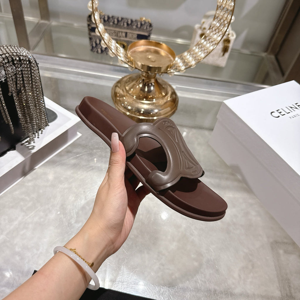 Celine 26s Triomphe Slide Chocolate Sheepskin 679832