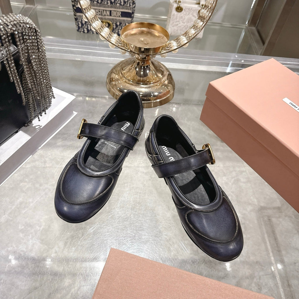 Miu 26s Gymnasium Ballerinas Navy Blue Leather 679783