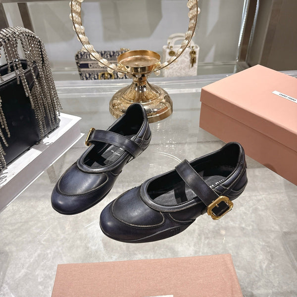 Miu 26s Gymnasium Ballerinas Navy Blue Leather 679783