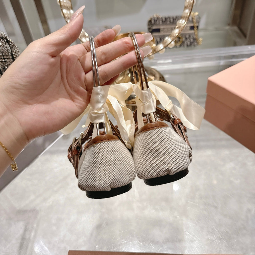 Miu 26s Ballerinas Beige Brown Canvas Leather 679791