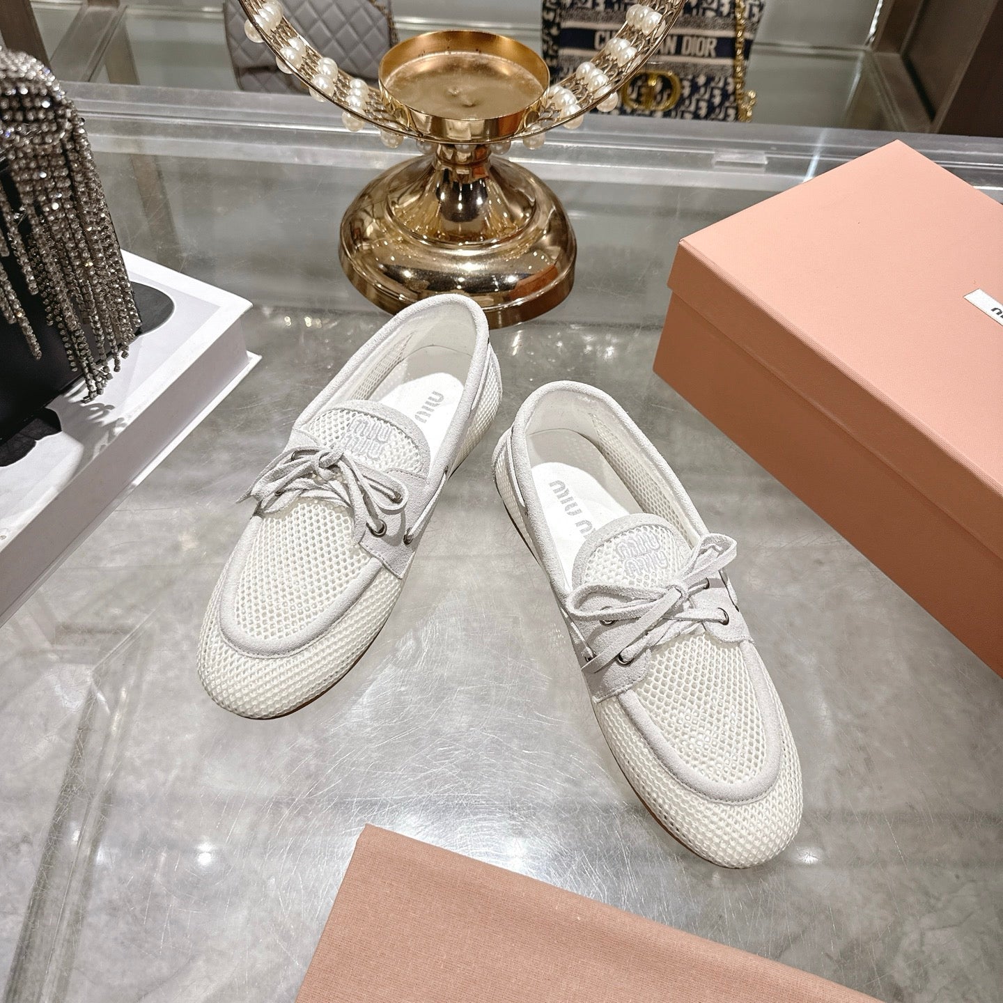 Miu 26s Boat Shoe White Mesh Suede 679792