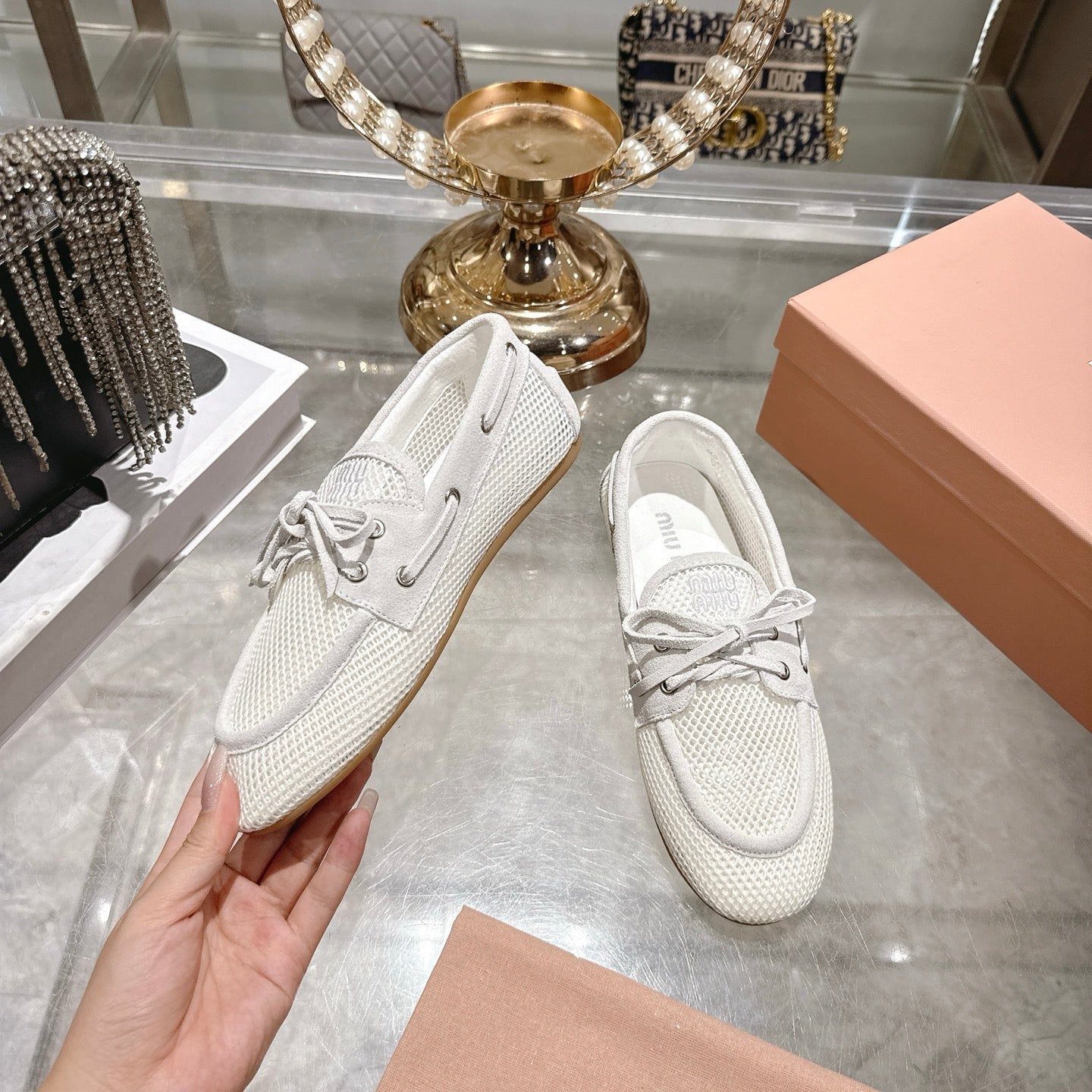 Miu 26s Boat Shoe White Mesh Suede 679792