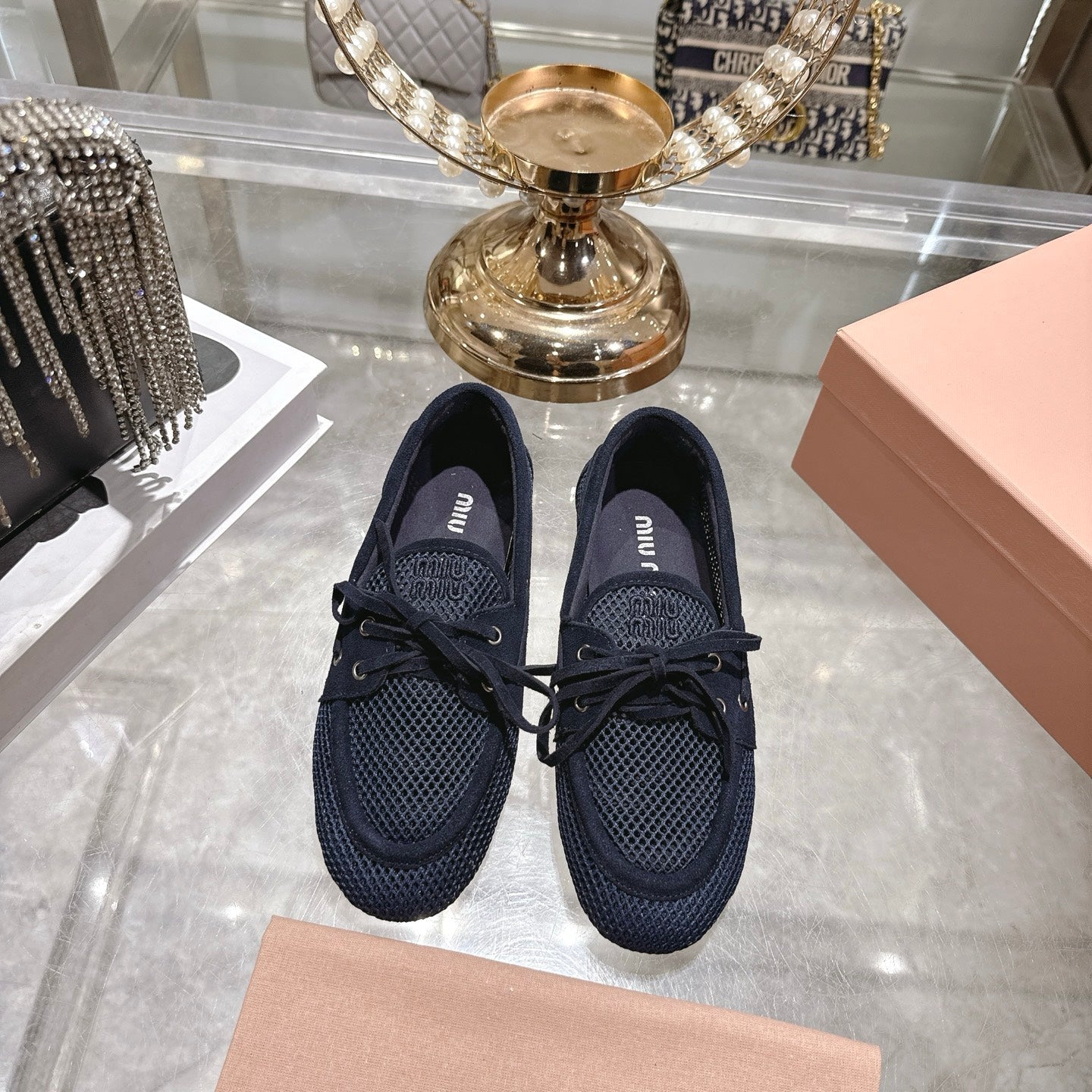 Miu 26s Boat Shoe Navy Blue Mesh Suede 679795
