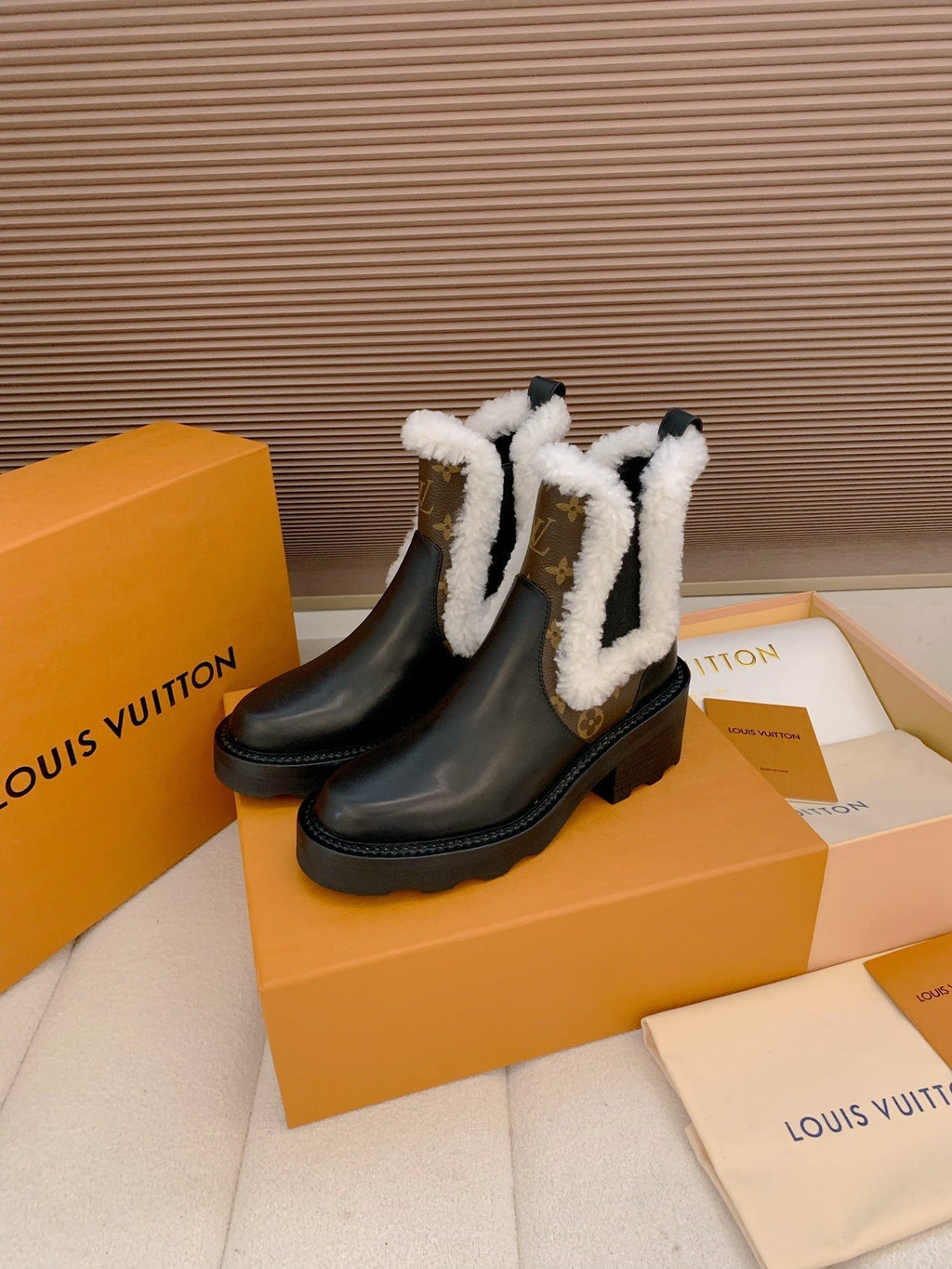 LV 25 Beaubourg Ankle Boots 40mm Black Brown Monogram Canvas & Cowhide Fur 556842