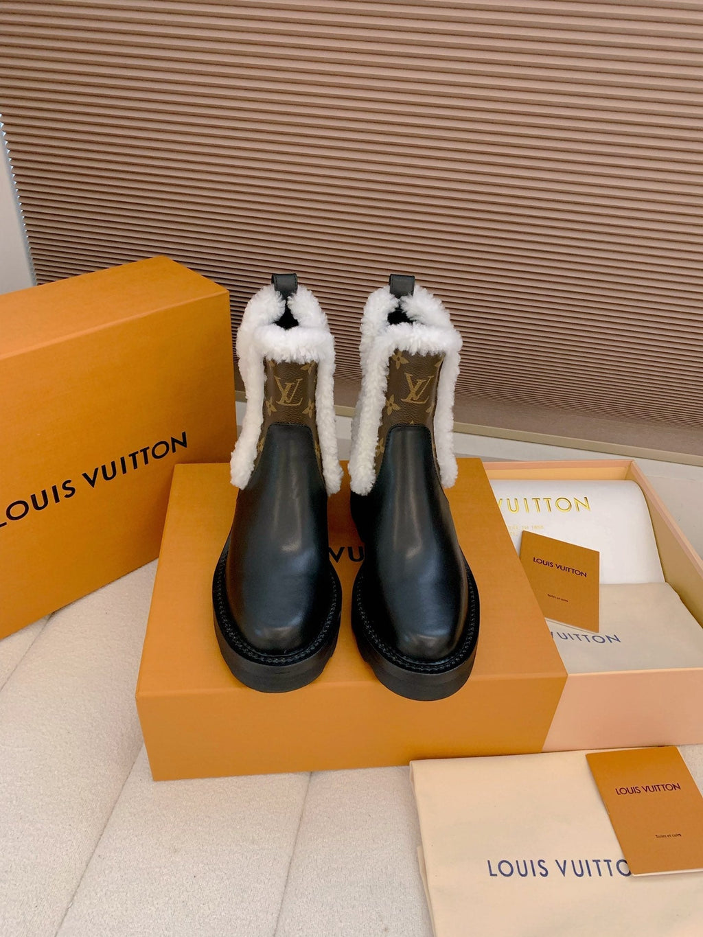 LV 25 Beaubourg Ankle Boots 40mm Black Brown Monogram Canvas & Cowhide Fur 556842