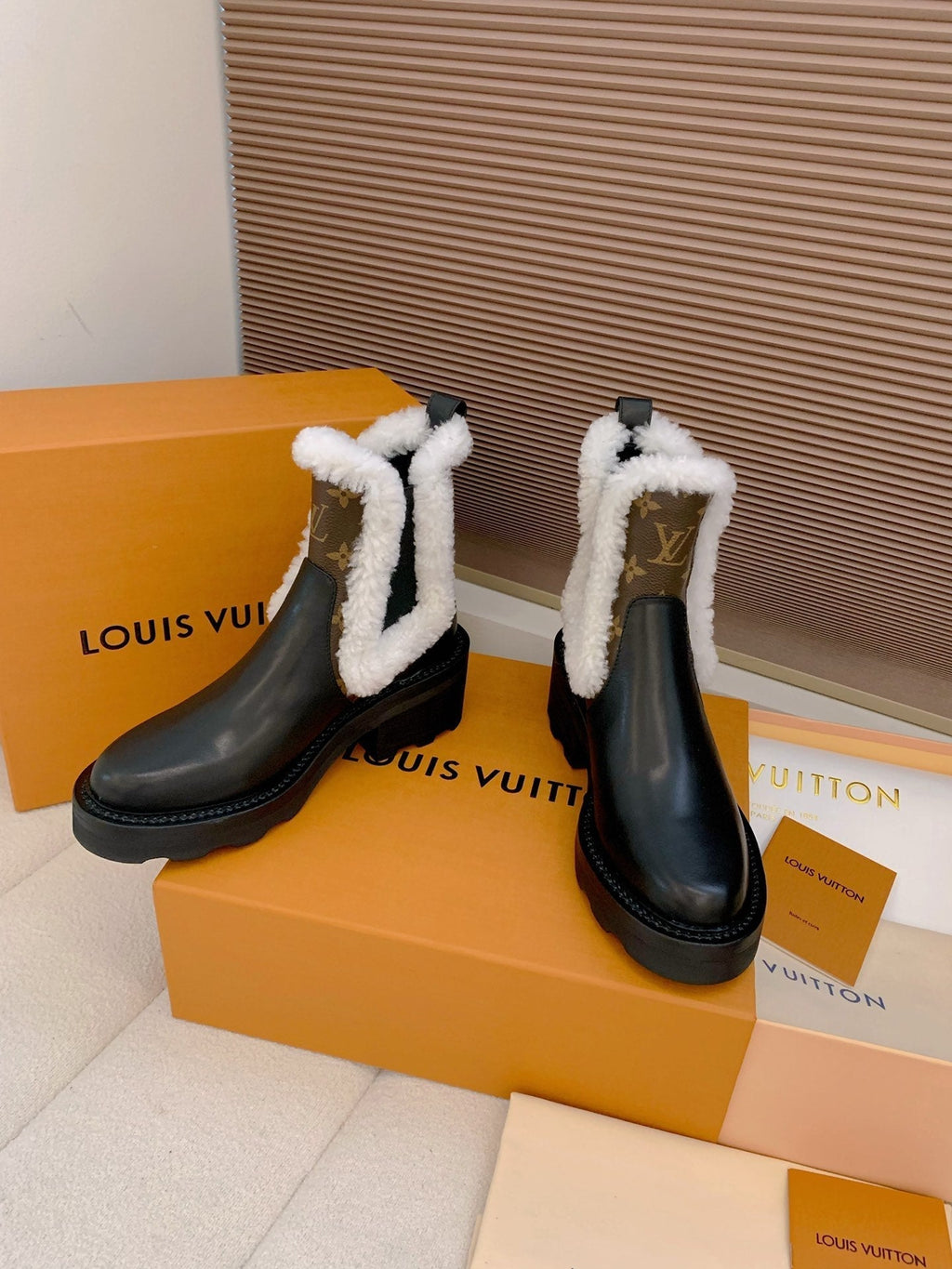 LV 25 Beaubourg Ankle Boots 40mm Black Brown Monogram Canvas & Cowhide Fur 556842