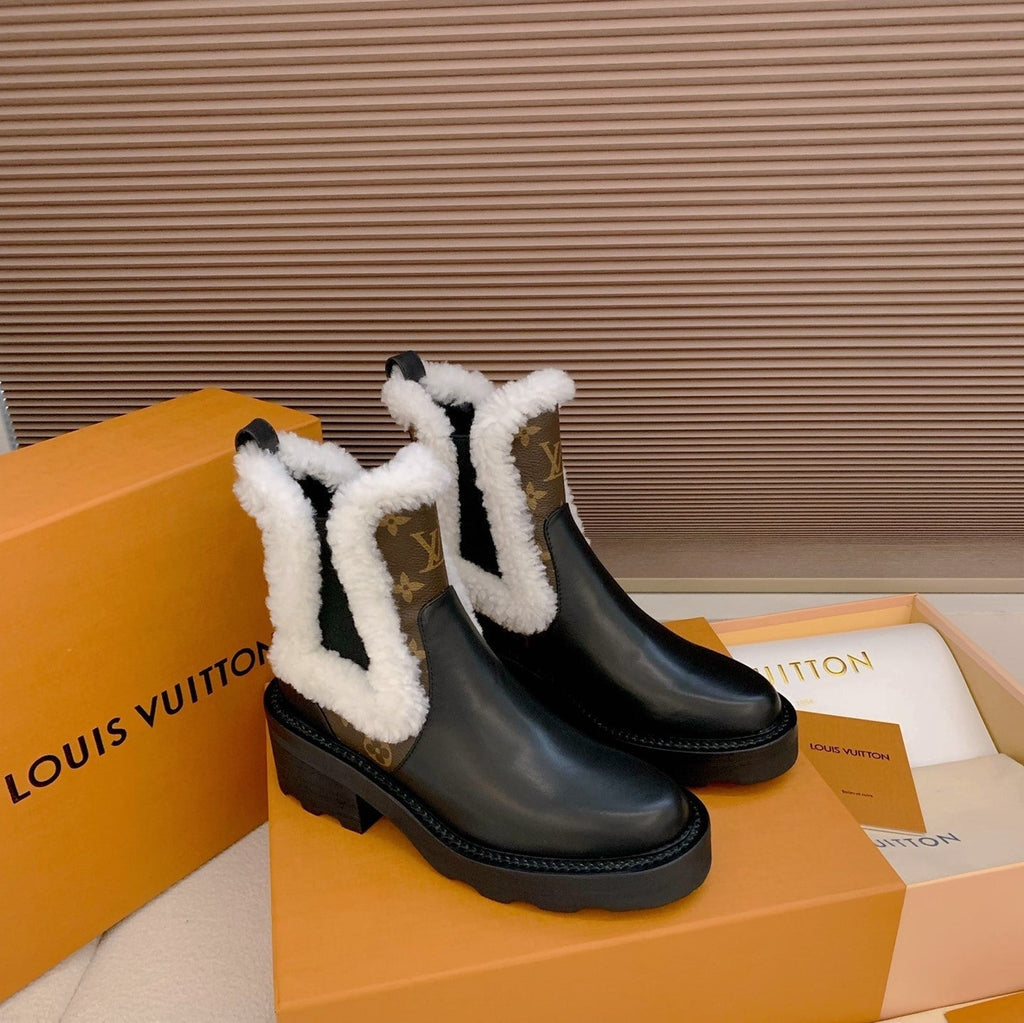 LV 25 Beaubourg Ankle Boots 40mm Black Brown Monogram Canvas & Cowhide Fur 556842