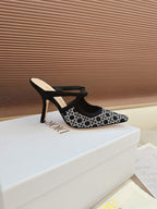 CD 26 High Heel Mule 95 Black Beige Mesh Fabric Sheepskin 614895