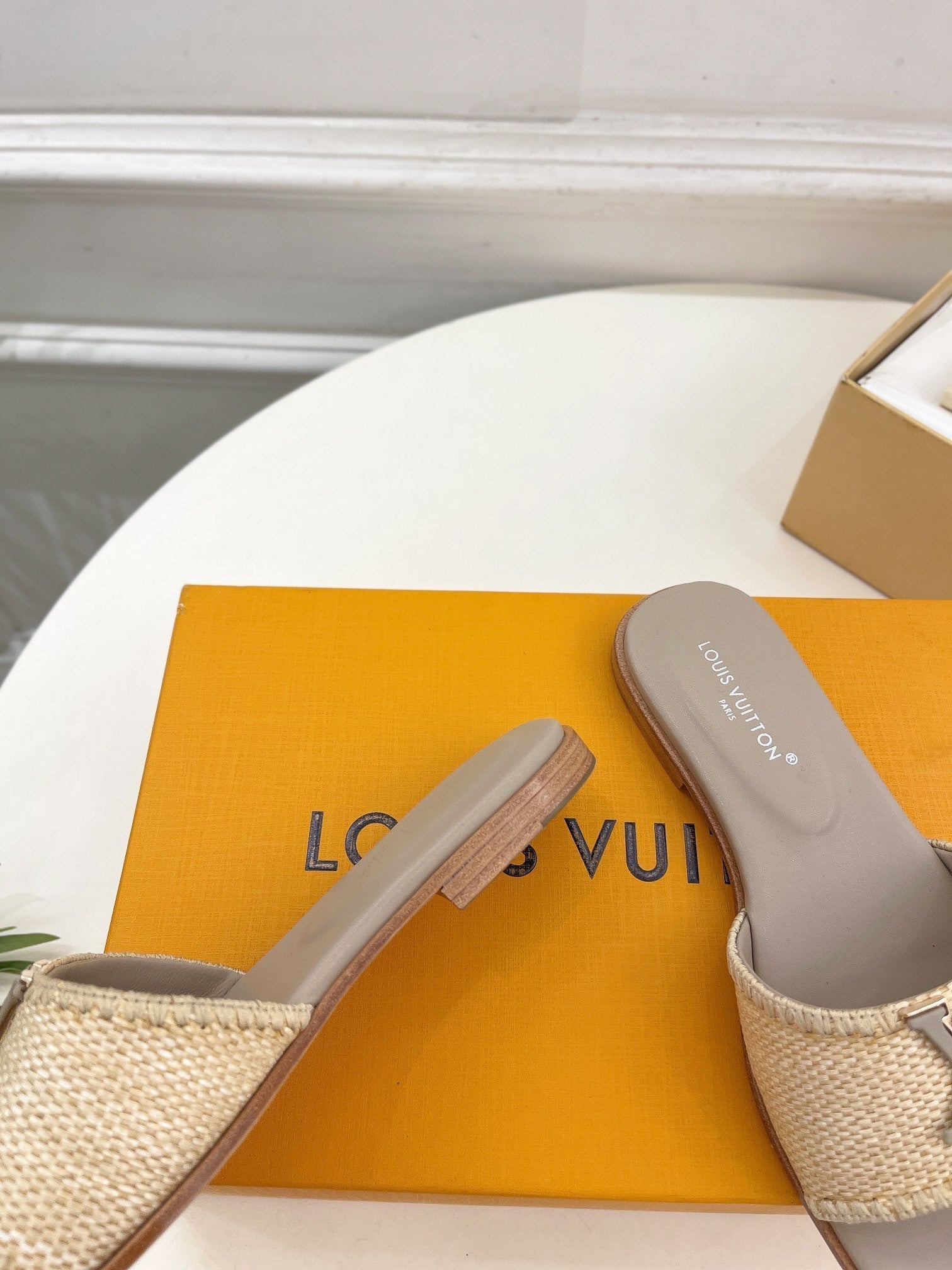 lv capri flat mule beige raffia grey calfskin